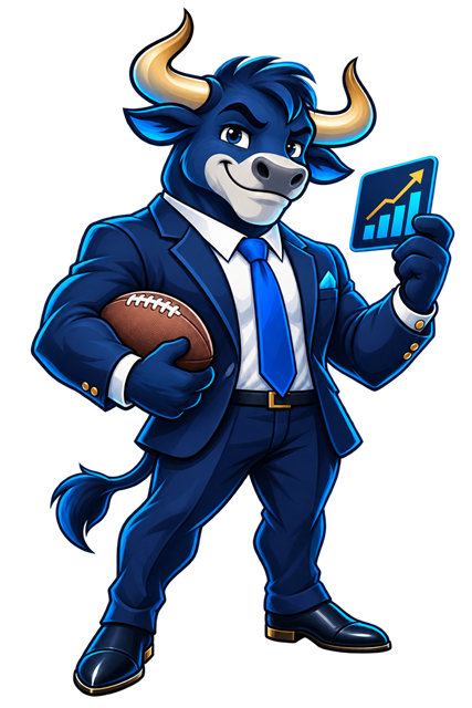 Proptimizer bull mascot holding a football and an upward-trending analytics card